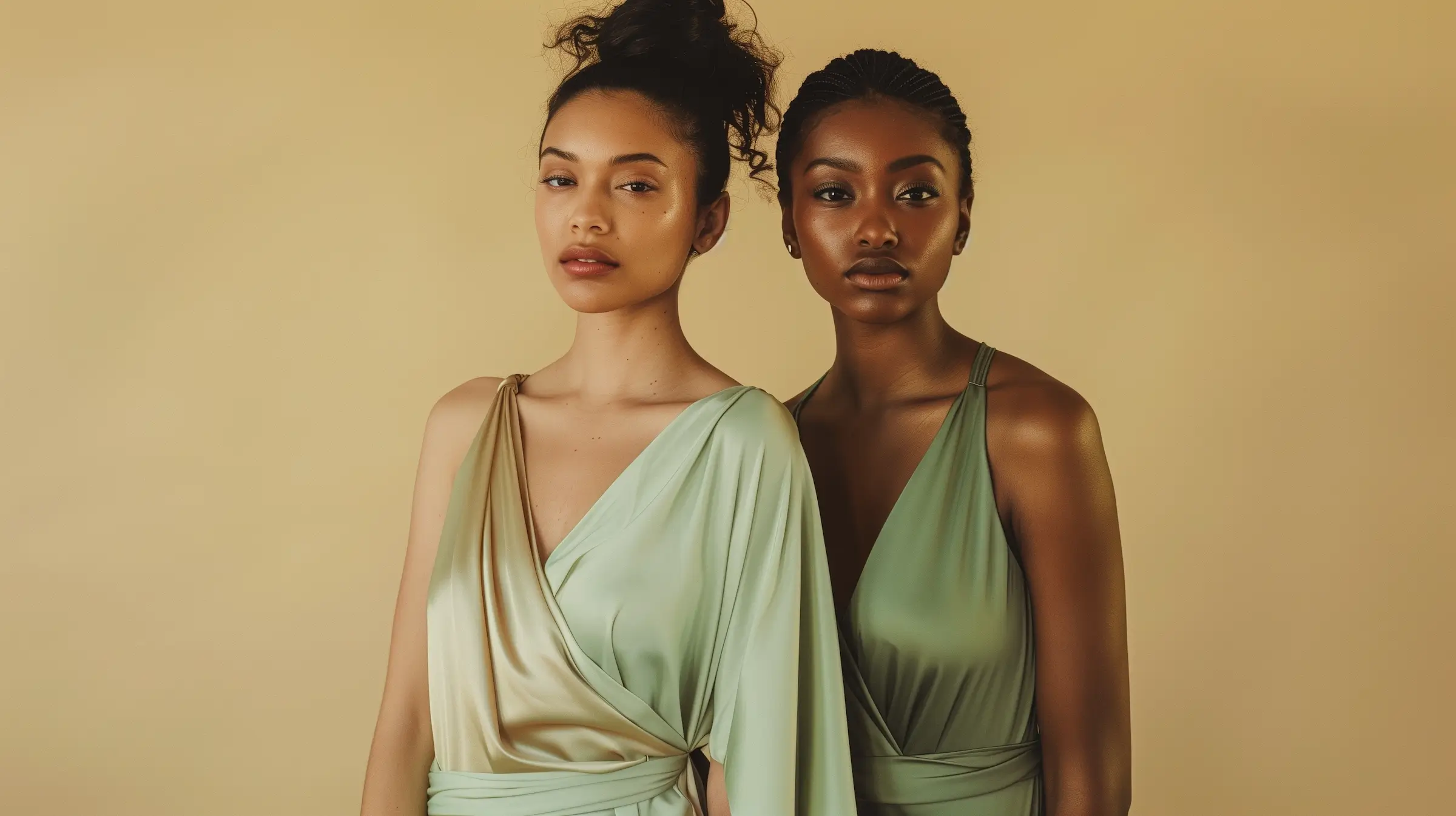 Two women in elegant sage-toned dresses embodying the Nova luxury experience